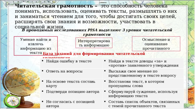 Читательская грамотность – это способность человека понимать, использовать, оценивать тексты, размышлять о них и заниматься чтением для того, чтобы достигать своих целей, расширять свои знания и возможности, участвовать в социальной жизни. В проводимых исследованиях PISA выделяют 3 уровня читательской грамотности Умение найти и извлечь информацию из текста Осмысление и оценивание прочитанного Интерпретировать информацию База заданий для формирования читательской грамотности  Найди ошибку в тексте Ответь на вопросы Найди в тексте доводы «за» и «против» заявленного утверждения На основе текста составь карту Выскажи свое мнение по представленному в тексте вопросу Восстанови текст, в котором пропущены слова Подтверди позицию автора Не согласись с позицией автора Сформулируй суждение, используя информацию текста Составь список объектов, связанных с темой прочитанного текста 