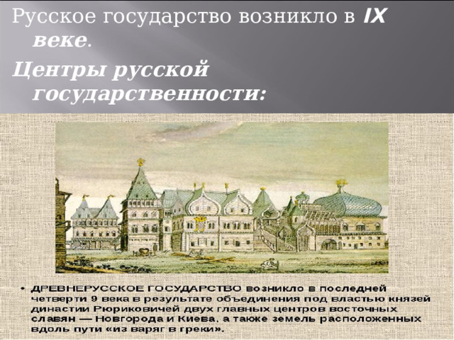 Русское государство возникло в IX веке . Центры русской государственности: Новгородская земля: Киев. 