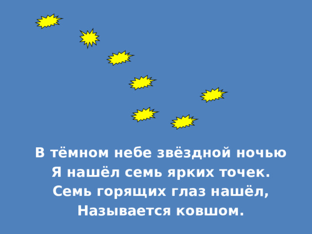 В тёмном небе звёздной ночью Я нашёл семь ярких точек. Семь горящих глаз нашёл, Называется ковшом.  