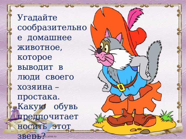 Угадайте сообразительное домашнее животное, которое выводит в люди своего хозяина – простака. Какую обувь предпочитает носить этот зверь? 