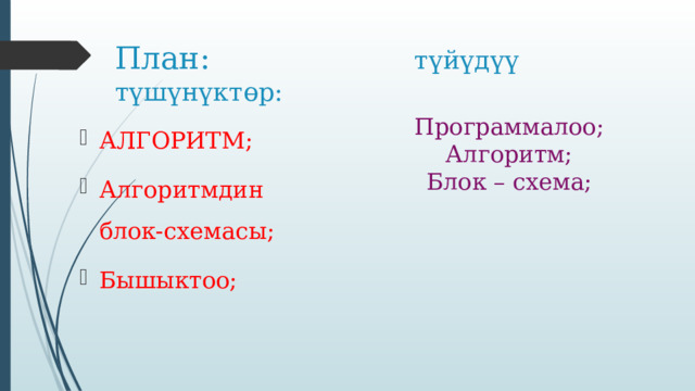 План: түйүдүү түшүнүктөр: Программалоо; Алгоритм; АЛГОРИТМ; Алгоритмдин  блок-схемасы; Бышыктоо; Блок – схема; 