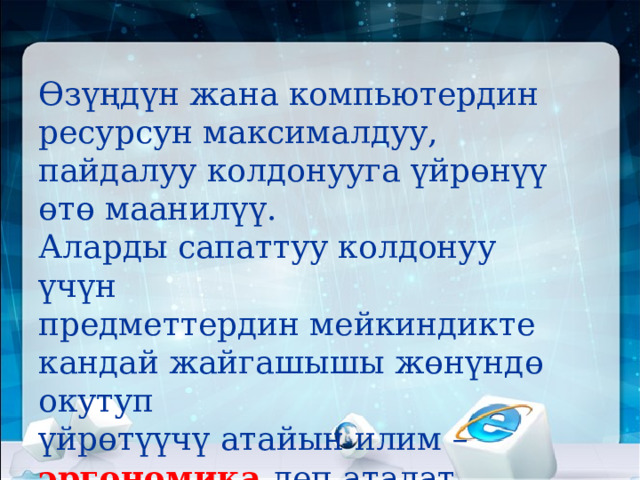 Өзүңдүн жана компьютердин ресурсун максималдуу, пайдалуу колдонууга үйрөнүү өтө маанилүү.  Аларды сапаттуу колдонуу үчүн  предметтердин мейкиндикте кандай жайгашышы жөнүндө окутуп  үйрөтүүчү атайын илим – эргономика  деп аталат.   