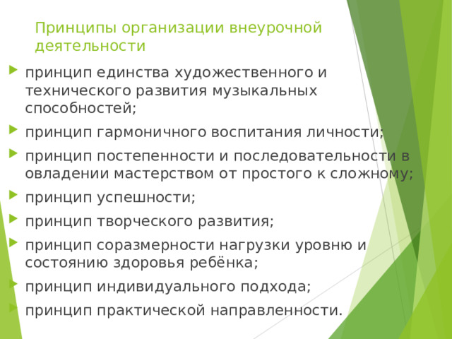 Принципы организации внеурочной деятельности принцип единства художественного и технического развития музыкальных способностей; принцип гармоничного воспитания личности; принцип постепенности и последовательности в овладении мастерством от простого к сложному; принцип успешности; принцип творческого развития; принцип соразмерности нагрузки уровню и состоянию здоровья ребёнка; принцип индивидуального подхода; принцип практической направленности. 