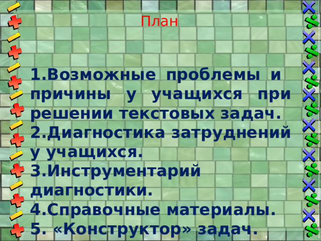  План    1.Возможные проблемы и причины у учащихся при решении текстовых задач. 2.Диагностика затруднений у учащихся. 3.Инструментарий диагностики. 4.Справочные материалы. 5. «Конструктор» задач. 