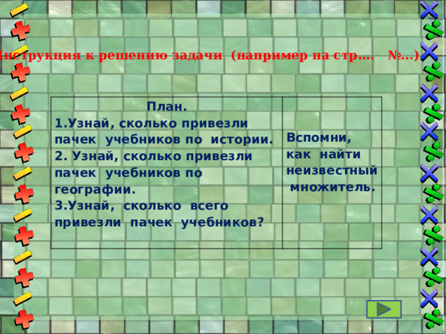 Инструкция к решению задачи (например на стр … . №...) План. 1.Узнай, сколько привезли пачек учебников по истории.   2. Узнай, сколько привезли пачек учебников по географии. 3.Узнай, сколько всего привезли пачек учебников? Вспомни, как найти неизвестный множитель.   