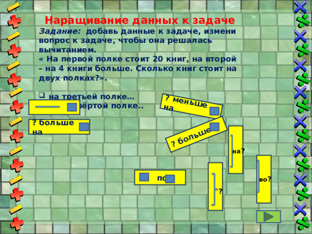 ? меньше на ? больше в       Наращивание данных к задаче Задание: добавь данные к задаче, измени вопрос к задаче, чтобы она решалась вычитанием. « На первой полке стоит 20 книг, на второй – на 4 книги больше. Сколько книг стоит на двух полках?».  на третьей полке… на четвёртой полке.. ? больше на на ?  по во ? ? 