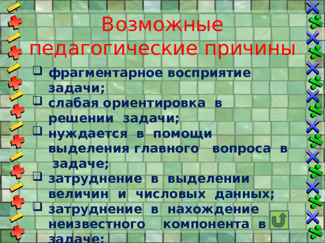 Возможные  педагогические причины фрагментарное восприятие задачи; слабая ориентировка в решении задачи; нуждается в помощи выделения главного вопроса в задаче; затруднение в выделении величин и числовых данных; затруднение в нахождение неизвестного компонента в задаче; затруднение в нахождение результата в задаче. 
