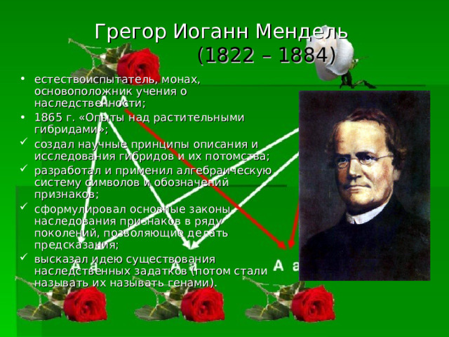 Грегор Иоганн Мендель     (1822 – 1884)  естествоиспытатель, монах, основоположник учения о наследственности; 1865 г. «Опыты над растительными гибридами»; создал научные принципы описания и исследования гибридов и их потомства; разработал и применил алгебраическую систему символов и обозначений признаков; сформулировал основные законы наследования признаков в ряду поколений, позволяющие делать предсказания; высказал идею существования наследственных задатков (потом стали называть их называть генами). 