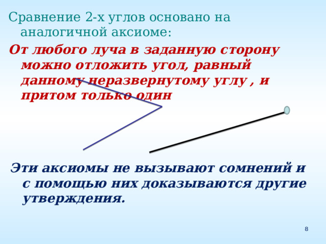 Сравнение 2-х углов основано на аналогичной аксиоме: От любого луча в заданную сторону можно отложить угол, равный данному неразвернутому углу , и притом только один Эти аксиомы не вызывают сомнений и с помощью них доказываются другие утверждения. 