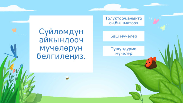 Толуктооч,аныктооч,бышыктооч Сүйлөмдүн айкындооч мүчөлөрүн белгилеңиз. Баш мүчөлөр Түшүндүрмо мүчөлөр 