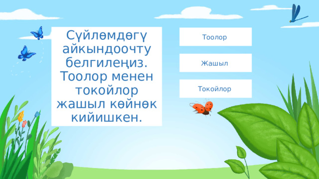 Сүйлөмдөгү айкындоочту белгилеңиз.  Тоолор менен токойлор жашыл көйнөк кийишкен. Тоолор Жашыл Токойлор 