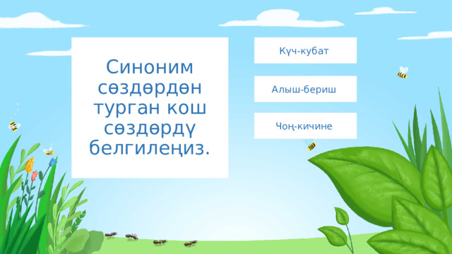 Күч-кубат Синоним сөздөрдөн турган кош сөздөрдү белгилеңиз. Алыш-бериш Чоң-кичине 