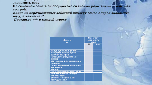 Андрей предложил своей семье вести хозяйство так, чтобы экономить воду.  На семейном совете он обсудил это со своими родителями и младшей сестрой.  Какие из перечисленных действий помогут семье Андрея экономить воду, а какие-нет?  Поставьте «√» в каждой строке     Помогает Действие да Чаще  купаться  в  речке экономить  воду нет На  время  чистки  зубов  выключать  кран   Проводить  регулярный  осмотр     Чаще  принимать  душ,  а  не  купаться  в   сантехники  для  выявления  поломок   ванной   Пить  бутилированную  воду     Во  время  мытья  овощей  использовать     емкость  с  водой,  а  не  текущую воду     