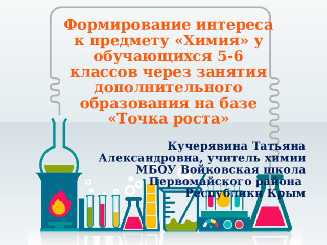 Формирование интереса к предмету «Химия» у обучающихся 5-6 классов через занятия дополнительного образования на базе «Точка роста» Кучерявина Татьяна Александровна, учитель химии МБОУ Войковская школа Первомайского района Республики Крым   