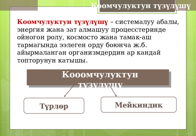 Коомчулуктун түзүлүшү  Коомчулуктун түзүлүшү – системалуу абалы, энергия жана зат алмашуу процесстеринде ойногон ролу, космосто жана тамак-аш тармагында ээлеген орду боюнча ж.б. айырмаланган организмдердин ар кандай топторунун катышы.  Кооомчулуктун түзүлүшү Мейкиндик Түрлөр 