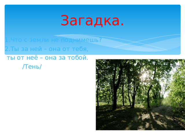Загадка. 1.Что с земли не поднимешь? 2.Ты за ней – она от тебя,  ты от неё – она за тобой.  /Тень/ 