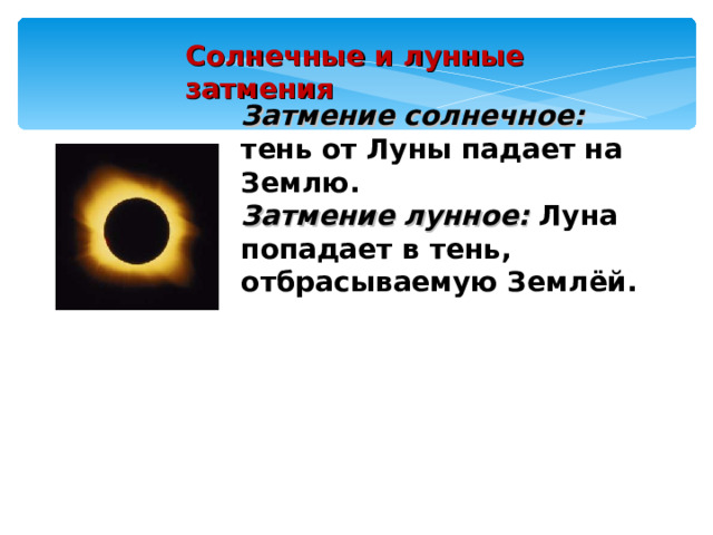 С олнечн ы е и лунн ы е з атмени я Затмение солнечное: тень от Луны падает на Землю.  Затмение лунное: Луна попадает в тень, отбрасываемую Землёй. 