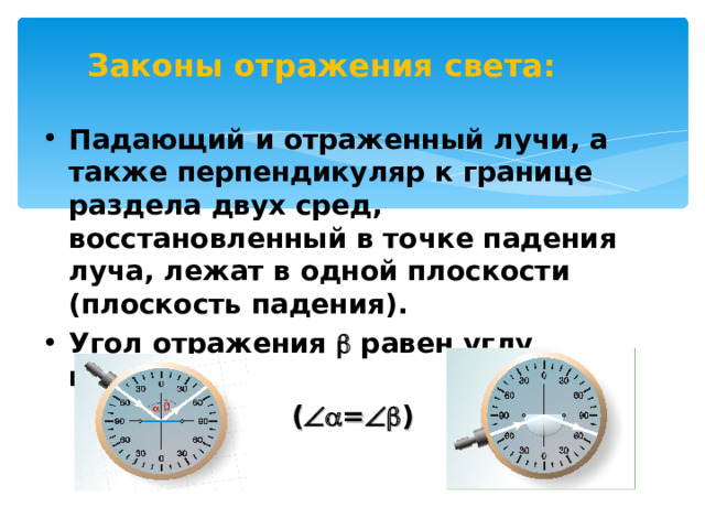 Законы отражения света: Падающий и отраженный лучи, а также перпендикуляр к границе раздела двух сред, восстановленный в точке падения луча, лежат в одной плоскости (плоскость падения). Угол отражения  равен углу падения α. (  =  ) 