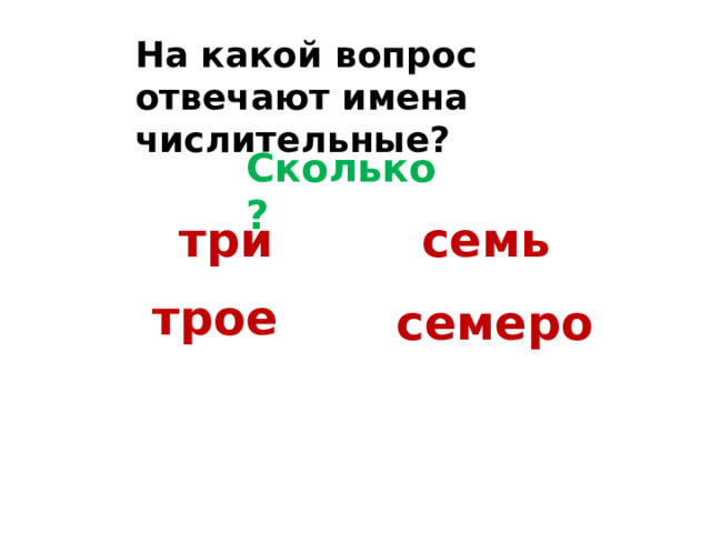 На какой вопрос отвечают имена числительные? Сколько? три семь трое семеро 