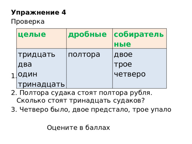 Упражнение 4 Проверка 1. Тридцать два молотят, а один поворачивает. 2. Полтора судака стоят полтора рубля. Сколько стоят тринадцать судаков? 3. Четверо было, двое предстало, трое упало  Оцените в баллах целые дробные тридцать два собирательные один полтора тринадцать двое трое четверо 