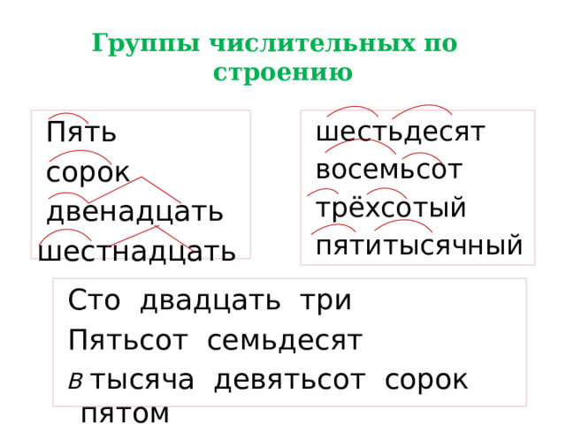 Группы числительных по строению  шестьдесят  Пять  восемьсот  сорок  трёхсотый  двенадцать  пятитысячный шестнадцать  Сто двадцать три  Пятьсот семьдесят  В тысяча девятьсот сорок пятом 