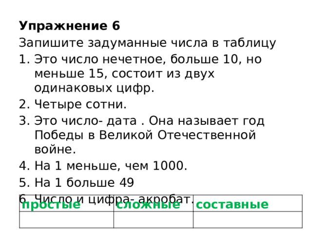 Упражнение 6 Запишите задуманные числа в таблицу Это число нечетное, больше 10, но меньше 15, состоит из двух одинаковых цифр. Четыре сотни. Это число- дата . Она называет год Победы в Великой Отечественной войне. На 1 меньше, чем 1000. На 1 больше 49 Число и цифра- акробат. простые сложные составные 