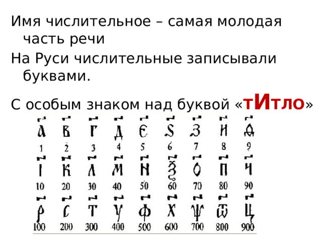 Имя числительное – самая молодая часть речи На Руси числительные записывали буквами. С особым знаком над буквой « Т И ТЛО » 