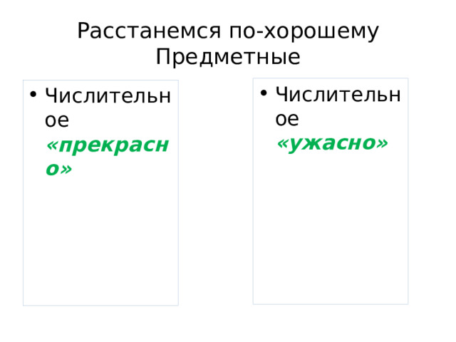 Расстанемся по-хорошему  Предметные Числительное «ужасно» Числительное «прекрасно» 