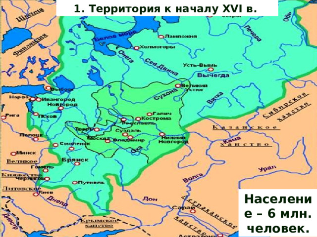 1. Территория к началу XVI в. Население – 6 млн. человек. 