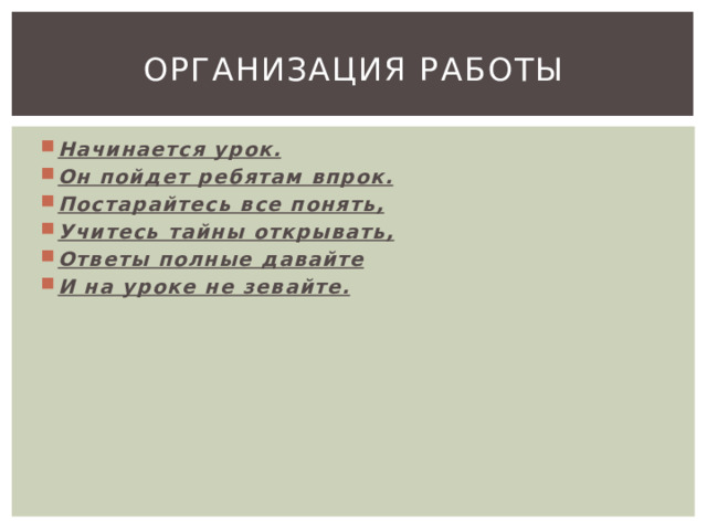 Организация работы Начинается урок. Он пойдет ребятам впрок. Постарайтесь все понять, Учитесь тайны открывать, Ответы полные давайте И на уроке не зевайте. 