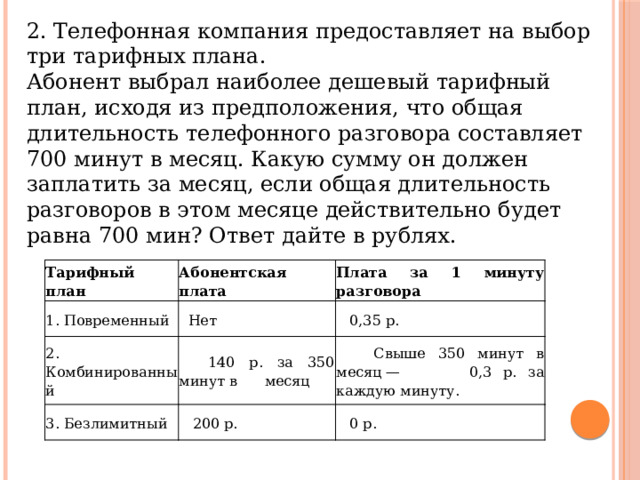 2. Телефонная компания предоставляет на выбор три тарифных плана. Абонент выбрал наиболее дешевый тарифный план, исходя из предположения, что общая длительность телефонного разговора составляет 700 минут в месяц. Какую сумму он должен заплатить за месяц, если общая длительность разговоров в этом месяце действительно будет равна 700 мин? Ответ дайте в рублях. Тарифный план 1. Повременный Абонентская плата Плата за 1 минуту разговора  Нет 2. Комбинированный  0,35 р. 3. Безлимитный  140 р. за 350 минут в месяц  Свыше 350 минут в месяц — 0,3 р. за каждую минуту.  200 р.  0 р. 