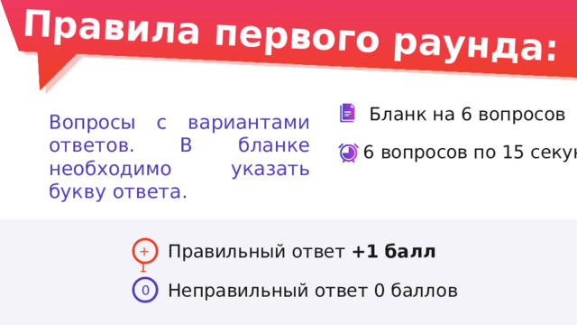 Правила первого раунда: Бланк на 6 вопросов Вопросы с вариантами ответов. В бланке необходимо указать букву ответа. 6 вопросов по 15 секунд Правильный ответ +1 балл +1 Неправильный ответ 0 баллов 0 