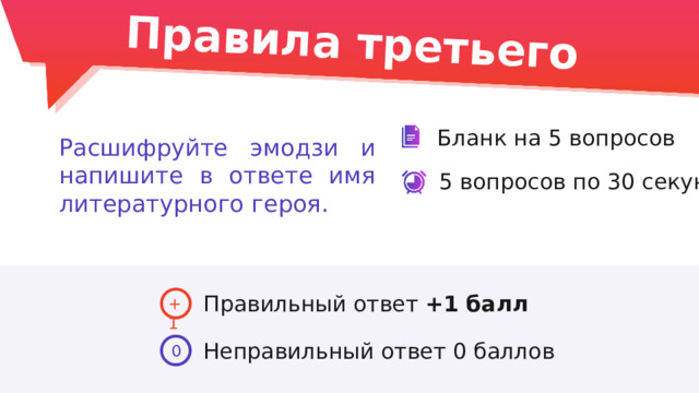 Правила третьего раунда: Бланк на 5 вопросов Расшифруйте эмодзи и напишите в ответе имя литературного героя. 5 вопросов по 30 секунд Правильный ответ +1 балл +1 Неправильный ответ 0 баллов 0 