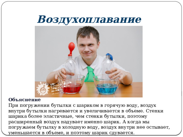 Воздухоплавание Объяснение При погружении бутылки с шариком в горячую воду, воздух внутри бутылки нагревается и увеличивается в объеме. Стенки шарика более эластичные, чем стенки бутылки, поэтому расширенный воздух надувает именно шарик. А когда мы погружаем бутылку в холодную воду, воздух внутри нее остывает, уменьшается в объеме, и поэтому шарик сдувается. 