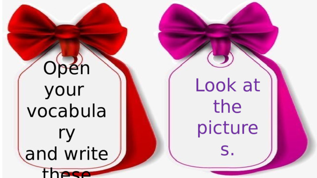 Open your vocabulary and write these new words. Look at the pictures. 