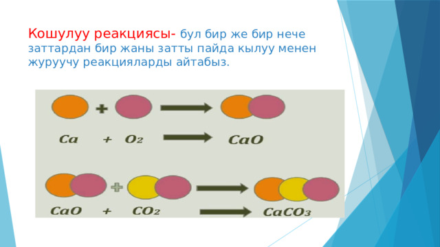 Кошулуу реакциясы-  бул бир же бир нече заттардан бир жаны затты пайда кылуу менен журуучу реакцияларды айтабыз. 