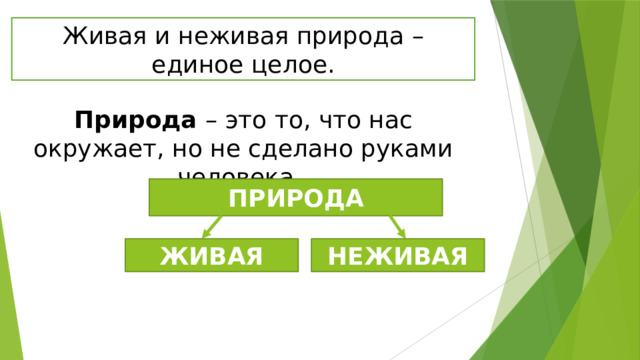 Живая и неживая природа – единое целое. Природа – это то, что нас окружает, но не сделано руками человека. ПРИРОДА ЖИВАЯ НЕЖИВАЯ 