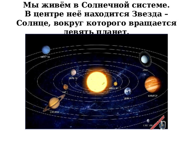 Мы живём в Солнечной системе.  В центре неё находится Звезда – Солнце, вокруг которого вращается девять планет. 