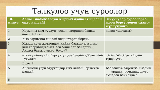 Талкулоо учун суроолор 10-минут Аалы Токомбаевдин кыргыз адабиятындагы орду кандай? 1 2  Окуучулар суроолорго жооп берүү менен талкуу жүргүзүшөт. Карыяны ким туулуп –өскөн жеринен башка айылга алып 3 Кыз Зарлыкка кандай кеңештерди берди? келип таштады? Кызды кууп жеткенден кийин баатыр ага эмне деп каарданды?Кыз ага эмне деп эскертти?Акыры баатыр эмне болду? 4 «Түлкү качырган бүркүттүн дуусундай добуш гана угулат» деген сөздөрдү кандай түшүнүүгө Болот? 5 Аңгемени угуп отургандар кыз менен Зарлыкты кандай 6 Баалашты?Айрыкча,кыздын эрдиги, чечкиндуулугу эмнеден байкалды? 