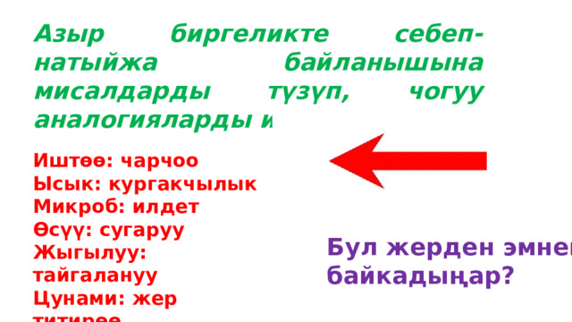 Азыр биргеликте себеп-натыйжа байланышына мисалдарды түзүп, чогуу аналогияларды иштеп көрөлү! Иштөө: чарчоо Ысык: кургакчылык Микроб: илдет Өсүү: сугаруу Жыгылуу: тайгалануу Цунами: жер титирөө Мактоо: кубаныч Бул жерден эмнени байкадыңар? 