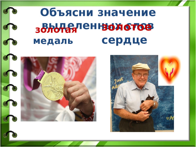 Объясни значение выделенных слов  золотая медаль золотое сердце 