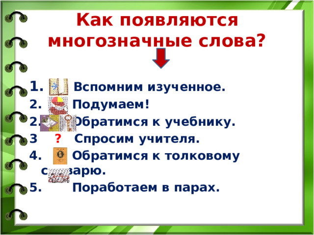 Как появляются многозначные слова? 1. Вспомним изученное. 2. Подумаем! 2. Обратимся к учебнику. 3 ? Спросим учителя. 4. Обратимся к толковому словарю. 5. Поработаем в парах.  