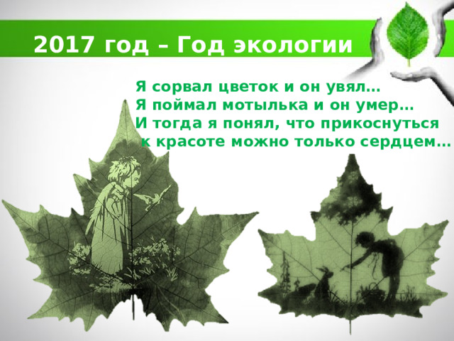 2017 год – Год экологии Я сорвал цветок и он увял… Я поймал мотылька и он умер… И тогда я понял, что прикоснуться  к красоте можно только сердцем… 