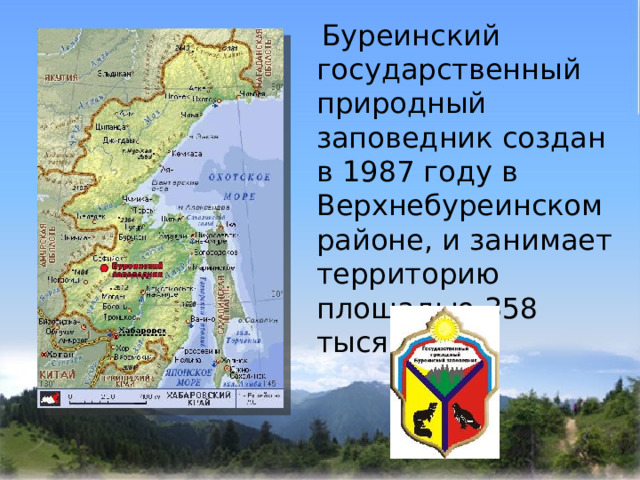   Буреинский государственный природный заповедник создан в 1987 году в Верхнебуреинском районе, и занимает территорию площадью 358 тысяч га.   