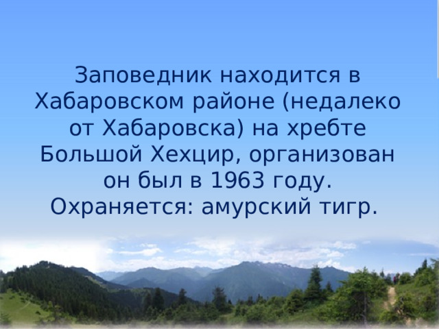    Заповедник находится в Хабаровском районе (недалеко от Хабаровска) на хребте Большой Хехцир, организован он был в 1963 году. Охраняется: амурский тигр. 
