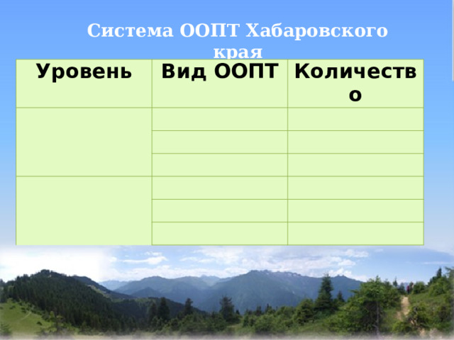 Система ООПТ Хабаровского края Уровень Вид ООПТ Количество 