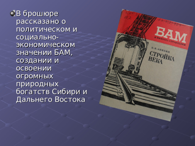 В брошюре рассказано о политическом и социально-экономическом значении БАМ, создании и освоении огромных природных богатств Сибири и Дальнего Востока 