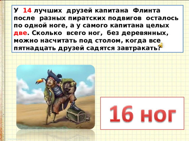 У 14 лучших друзей капитана Флинта после разных пиратских подвигов осталось по одной ноге, а у самого капитана целых две . Сколько всего ног, без деревянных, можно насчитать под столом, когда все пятнадцать друзей садятся завтракать? 