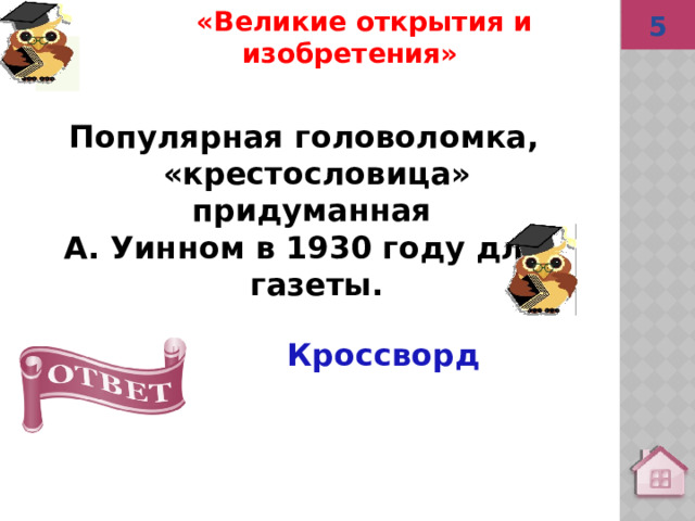  «Великие открытия и изобретения» 5 Кроссворд Популярная головоломка, «крестословица» придуманная А. Уинном в 1930 году для газеты. 