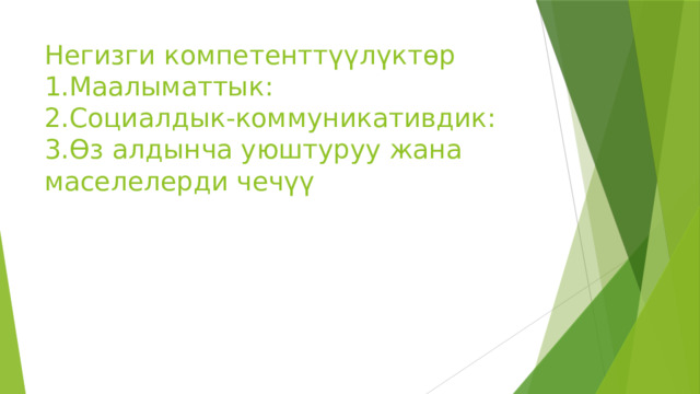 Негизги компетенттүүлүктөр  1.Маалыматтык:  2.Социалдык-коммуникативдик:  3.Өз алдынча уюштуруу жана маселелерди чечүү 